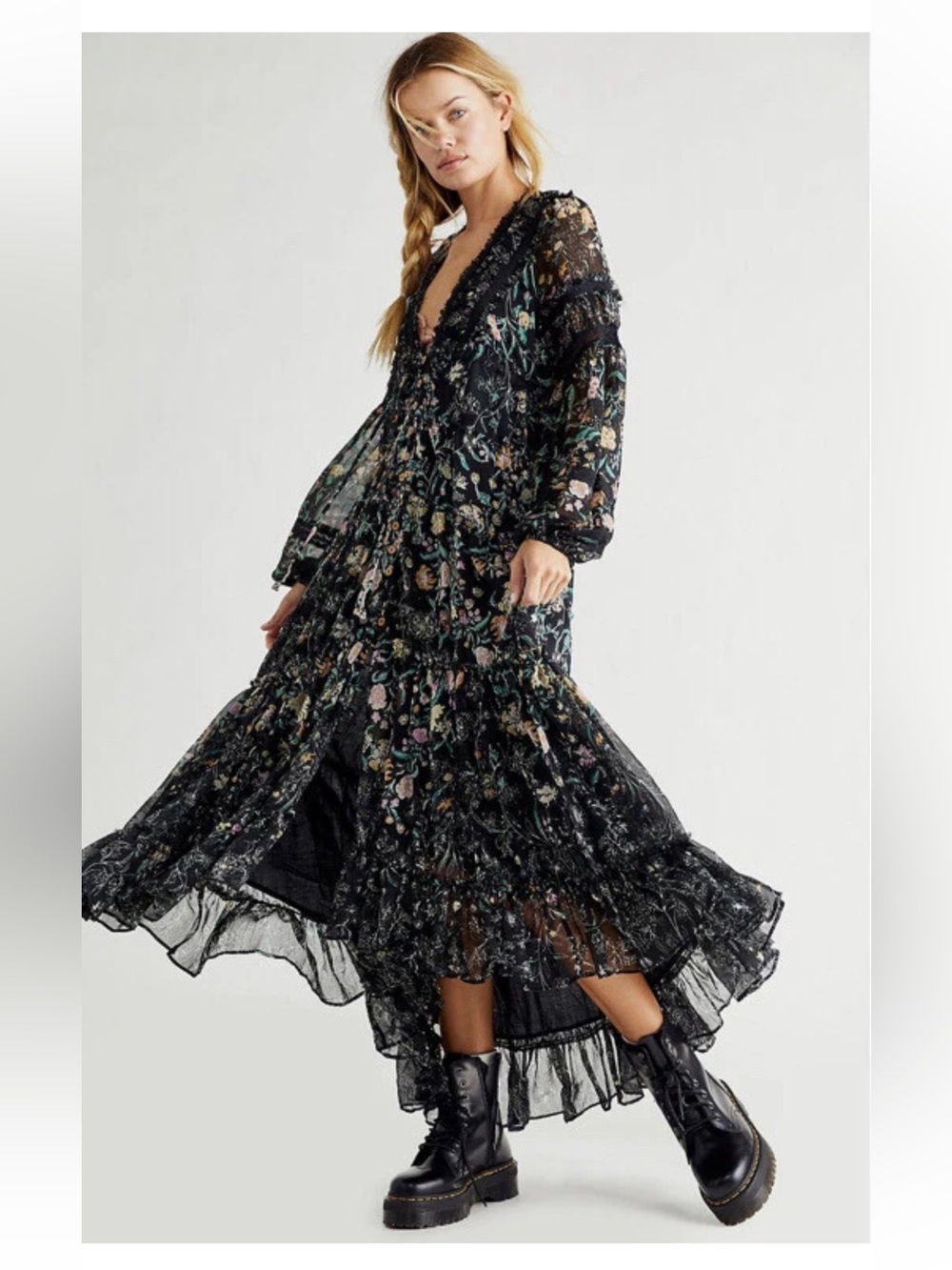 Free People Cassis Chiffon Black Floral Lace Tiered Maxi with Ruffles Large